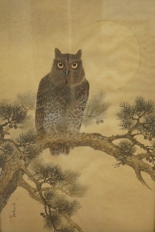 Late 19th / early 20th century, Japanese School, watercolour on silk, Study of an owl, signed with character and red seal marks, 49 x 32cm, housed in a japanned frame. Condition - fair, some foxing/discolouration through